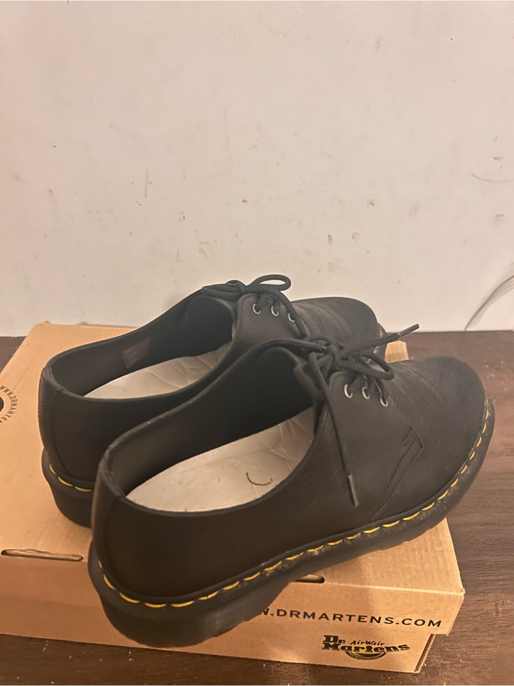 Dr. Martens Black Leather Derby Shoes with Yellow Stitching